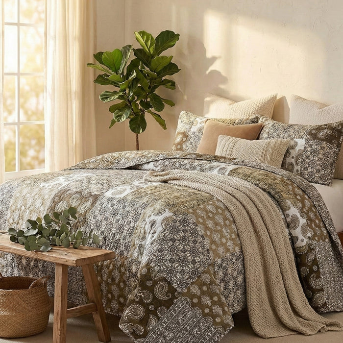 DaDa Bedding Bohemian Olive Brown Moroccan Paisley Floral Filigree Patchwork Cotton Bedspread Set (JHW-885)