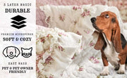Basset hound beside DaDalogy Cotton Patchwork Throw Blanket highlighting soft, cozy, durable features and pet-friendly design.