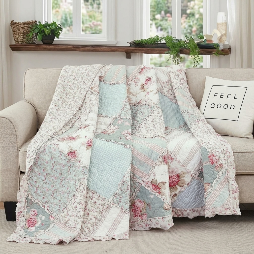 DaDa Bedding Cotton Cottage Floral Patchwork Quilted Throw Blanket - Reversible Hint of Mint - Ruffle Pastel Light Pink Blue/Green - 50 x 60