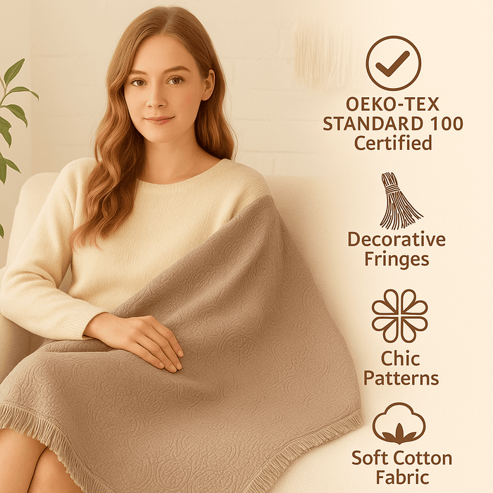 DaDa Bedding Elegant Fringed Cotton Quilted Throw Blanket - Luxurious Solid Soft Paisley Pattern, Cozy Lightweight Lap Throw, Perfect for Couch or Bed, Neutral Sandy Taupe Tan Beige, 50x60 Inches