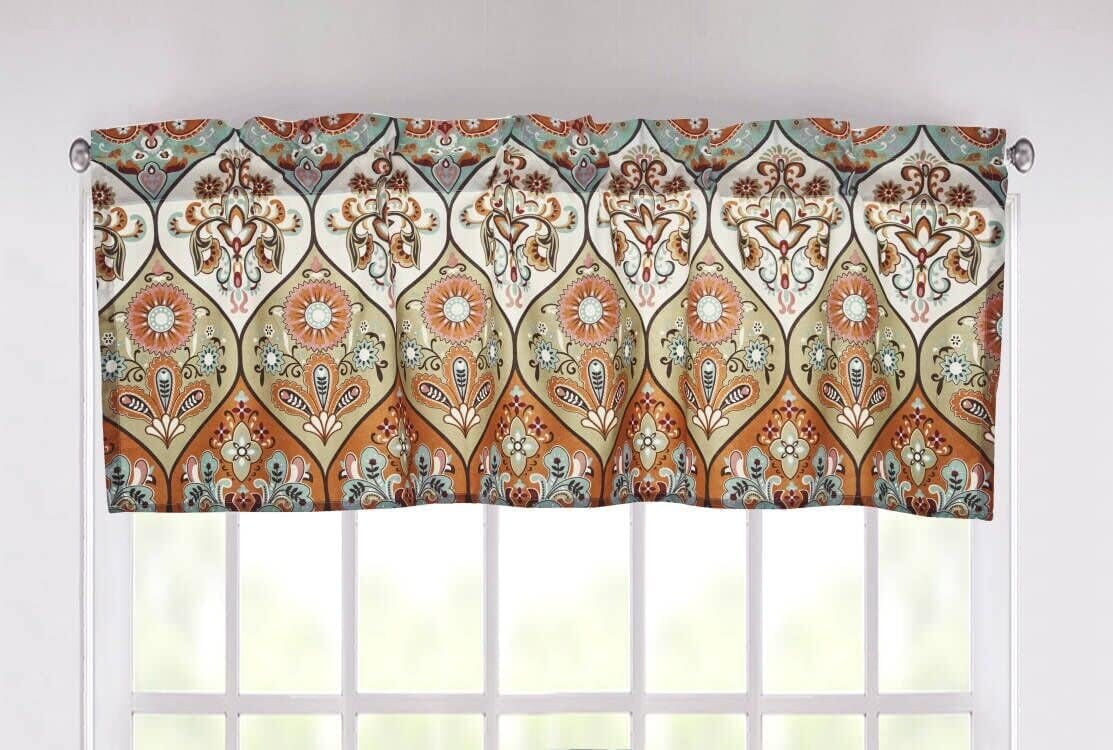 DaDa Bedding Bohemian Valance Curtain - Semi Sheer Window Treatment Coral Teal Floral Paisley Botanical Garden Party - Bright Vibrant Multi-Colorful Blue Salmon Pink - 18" x 52"