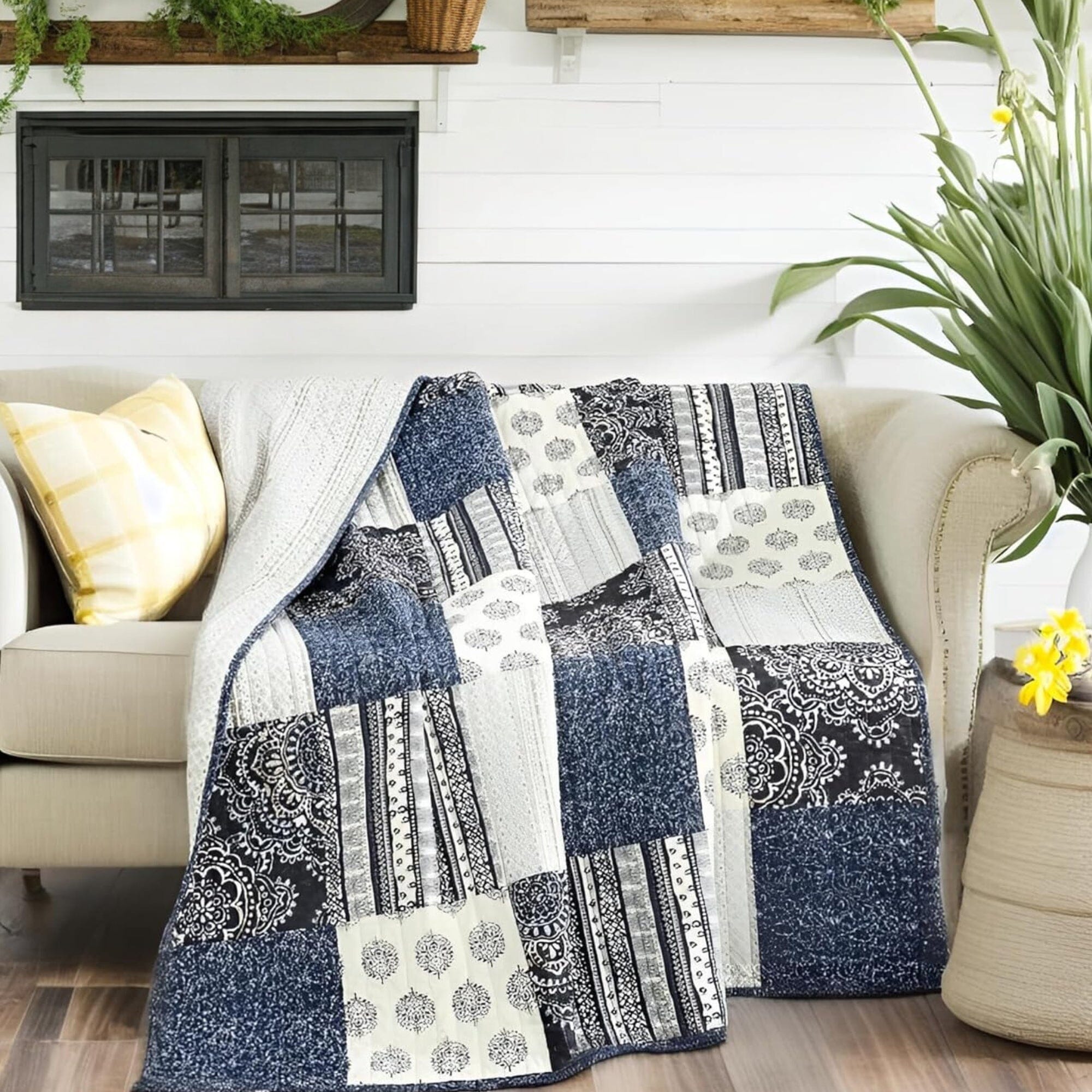 DaDalogy Navy Blue Patchwork Quilted Lap Throw Blanket – Farmhouse Cottage Style Cotton Throw – Ideal for Sofa or Bed – 50" x 60" - DaDa Bedding Collection