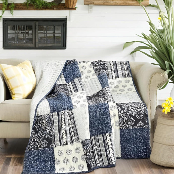 DaDalogy Navy Blue Patchwork Quilted Lap Throw Blanket – Farmhouse Cottage Style Cotton Throw – Ideal for Sofa or Bed – 50" x 60"