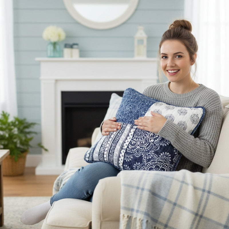 Set of decorative square cushion covers with authentic cotton patchwork and hidden zipper closure, vintage bohemian style pillow shams.