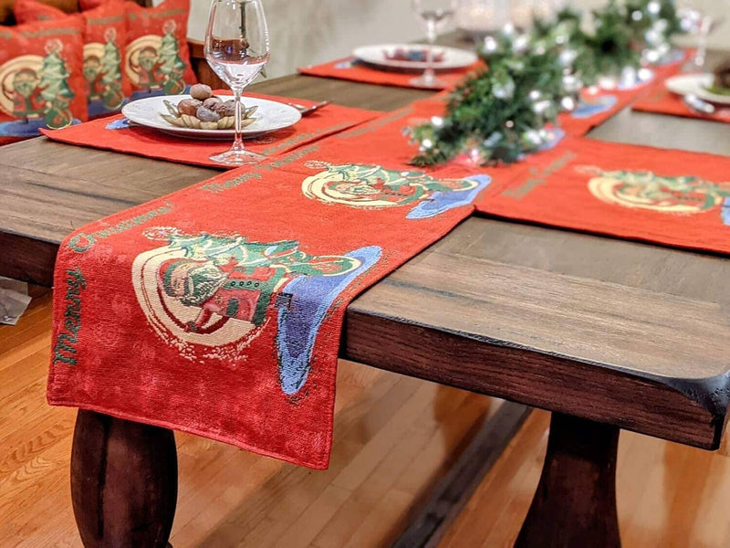 DaDa Bedding Red Santa Claus Christmas Tree Woven Tapestry Dining Table Runner (17615) - DaDa Bedding Collection