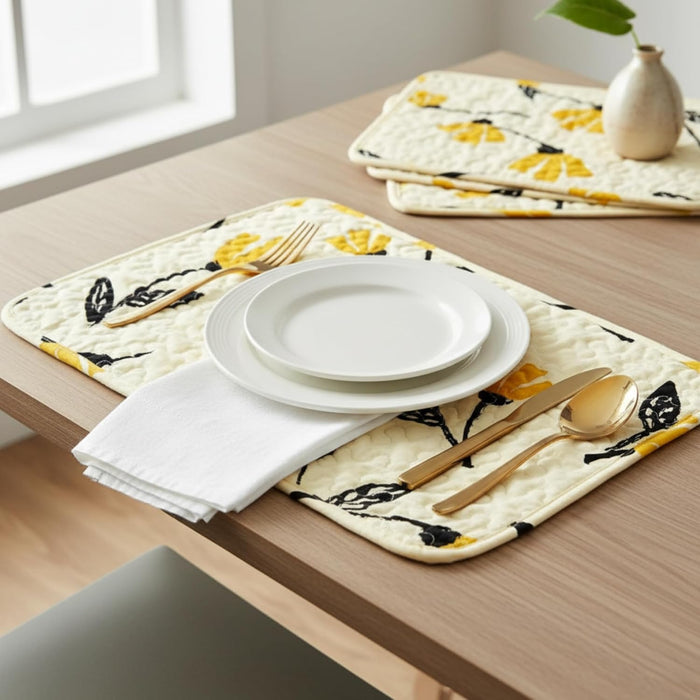 DaDa Bedding Botanical Floral Dining Table Placemats - Set of 4-Pieces Quilted Ivory with Yellow Fleur Golden Orange Spring Time Tulips - 13 x 19