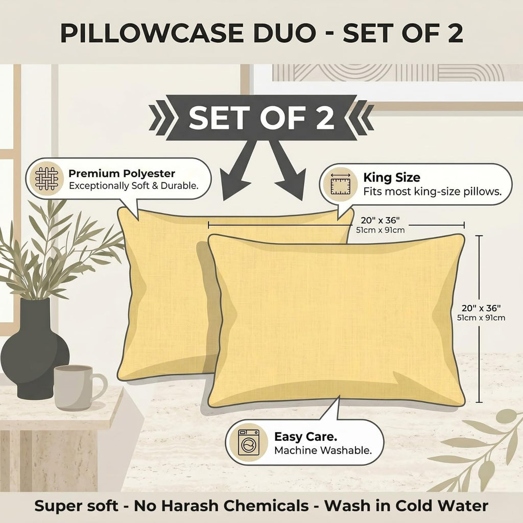 DaDa Bedding Ultra-Soft Microfiber Pillowcases - 2 Pack - Soft, Breathable, Luxury, Light Yellow