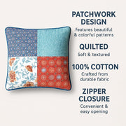 Patchwork design pillow with colorful patterns on a white background