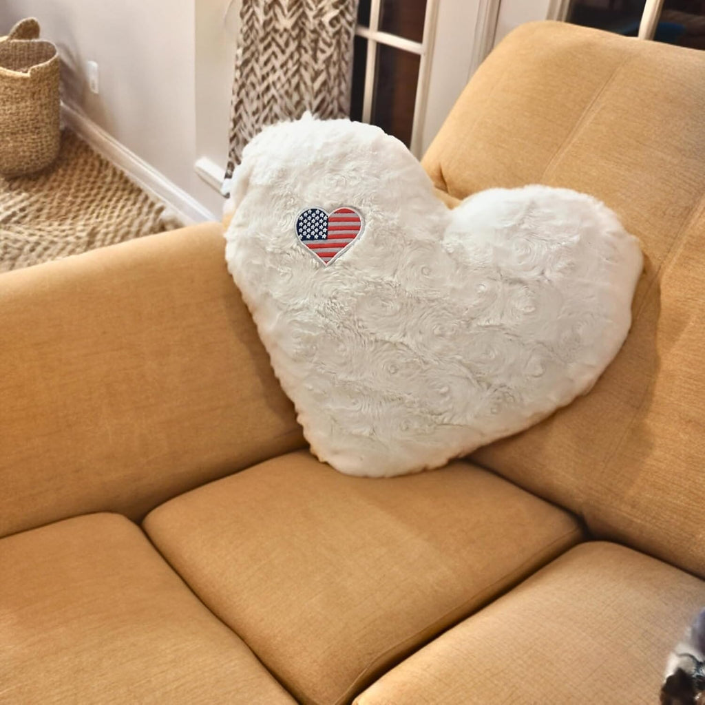 DaDa Bedding Collection Handmade in USA Faux Fur and Sherpa Heart Pillow - Cozy & Decorative Cushion with USA Flag Design - Made in USA - Perfect for Home Decor & Patriotic 4th of July Decor