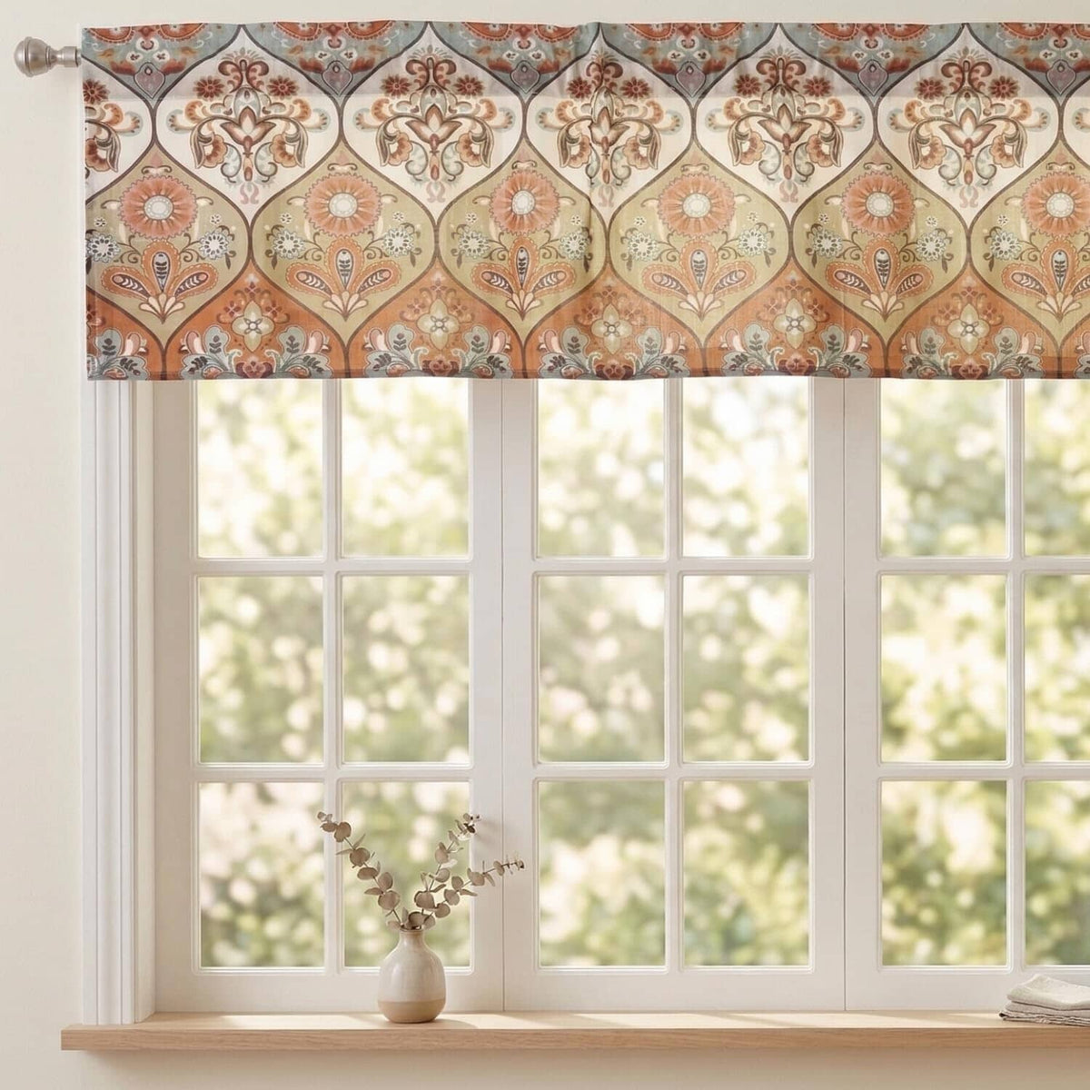 DaDa Bedding Bohemian Valance Curtain - Semi Sheer Window Treatment Coral Teal Floral Paisley Botanical Garden Party - Bright Vibrant Multi-Colorful Blue Salmon Pink - 18" x 52"