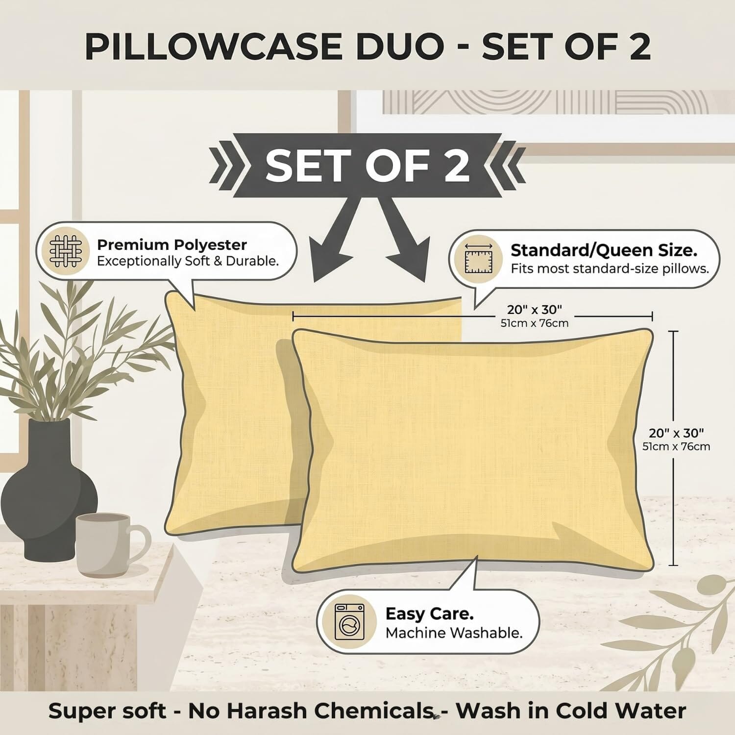 DaDa Bedding Ultra-Soft Microfiber Pillowcases - 2 Pack - Soft, Breathable, Luxury, Light Yellow