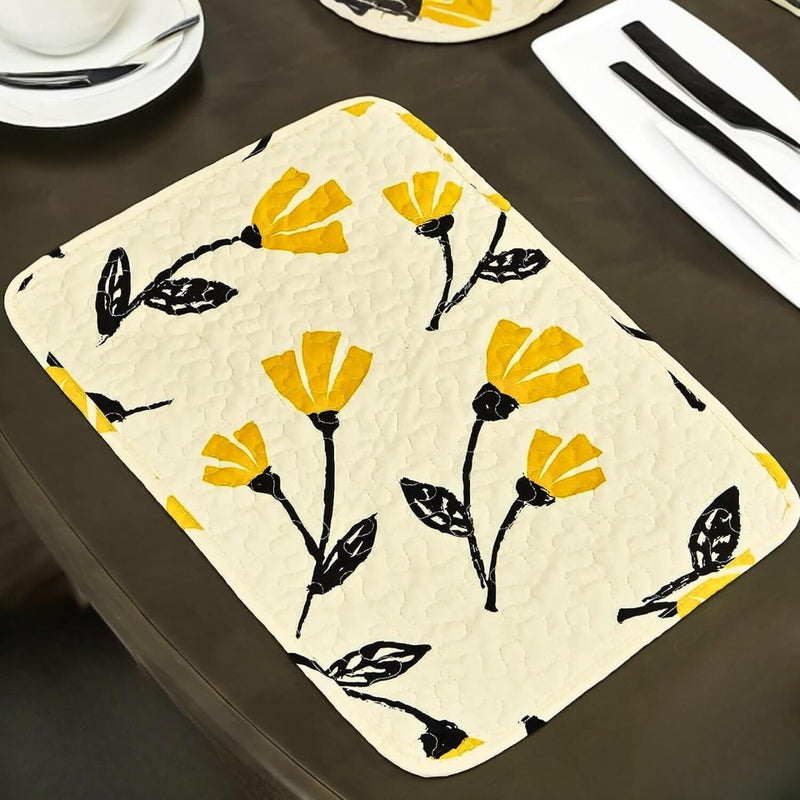 DaDa Bedding Botanical Floral Dining Table Placemats - Set of 4-Pieces Quilted Ivory with Yellow Fleur Golden Orange Spring Time Tulips - 13 x 19 - DaDa Bedding Collection