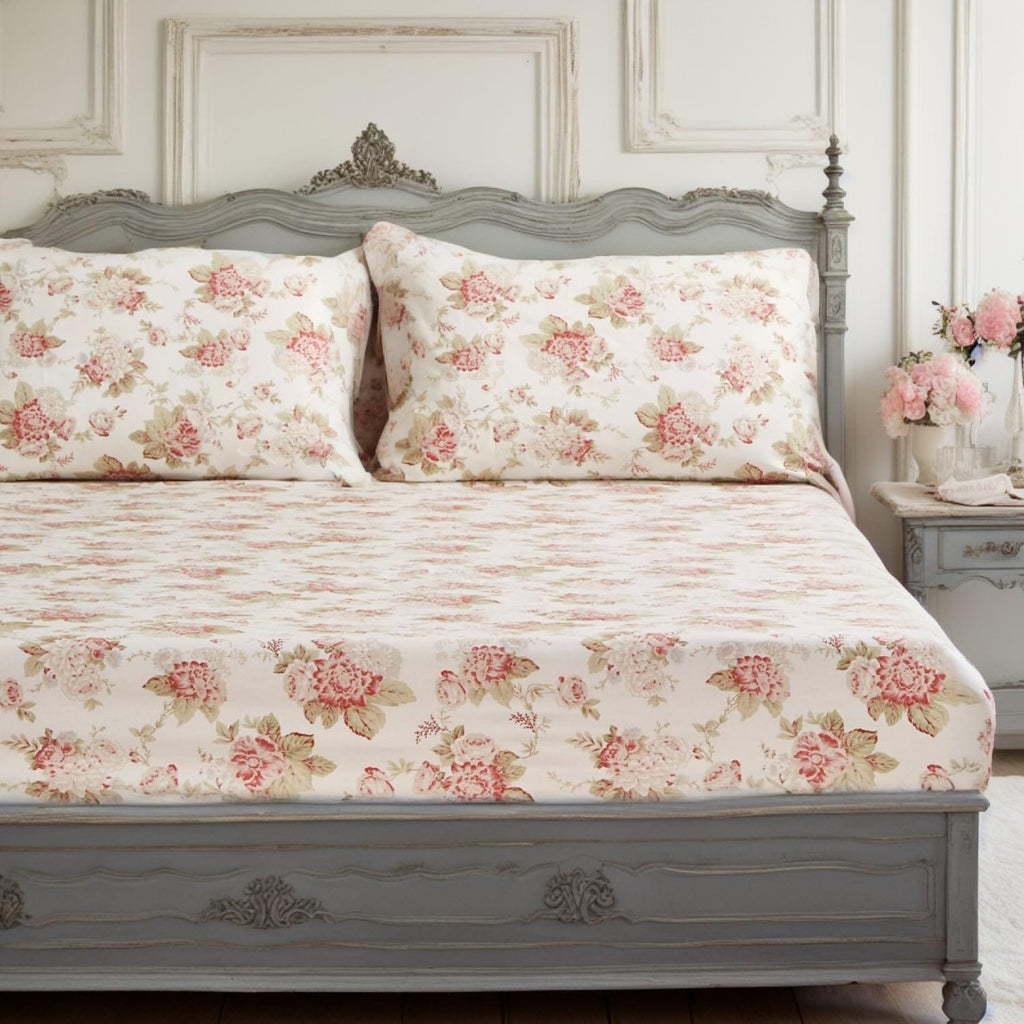 DaDa Bedding Hint of Mint Dainty Cottage Floral Roses Cotton Fitted Sheet w/ Pillow Case (3036) - DaDa Bedding Collection