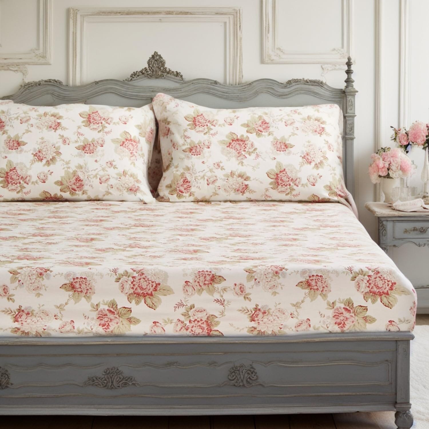 DaDa Bedding Hint of Mint Dainty Cottage Floral Roses Cotton Fitted Sheet w/ Pillow Case (3036) - DaDa Bedding Collection