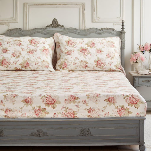DaDa Bedding Hint of Mint Dainty Cottage Floral Roses Cotton Fitted Sheet w/ Pillow Case (3036) - DaDa Bedding Collection