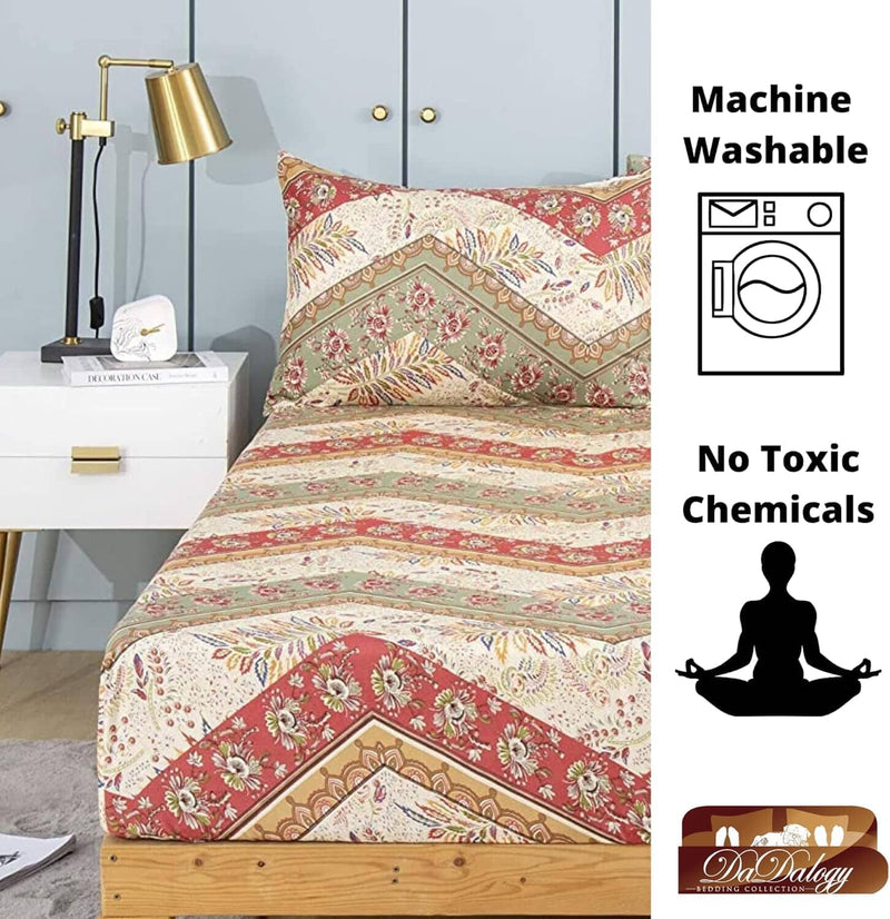 DaDa Bedding Botanical Cranberry Sage Chevron Floral Fitted Bed Sheet w/ Pillow Cases (JHW-924-Fitted)