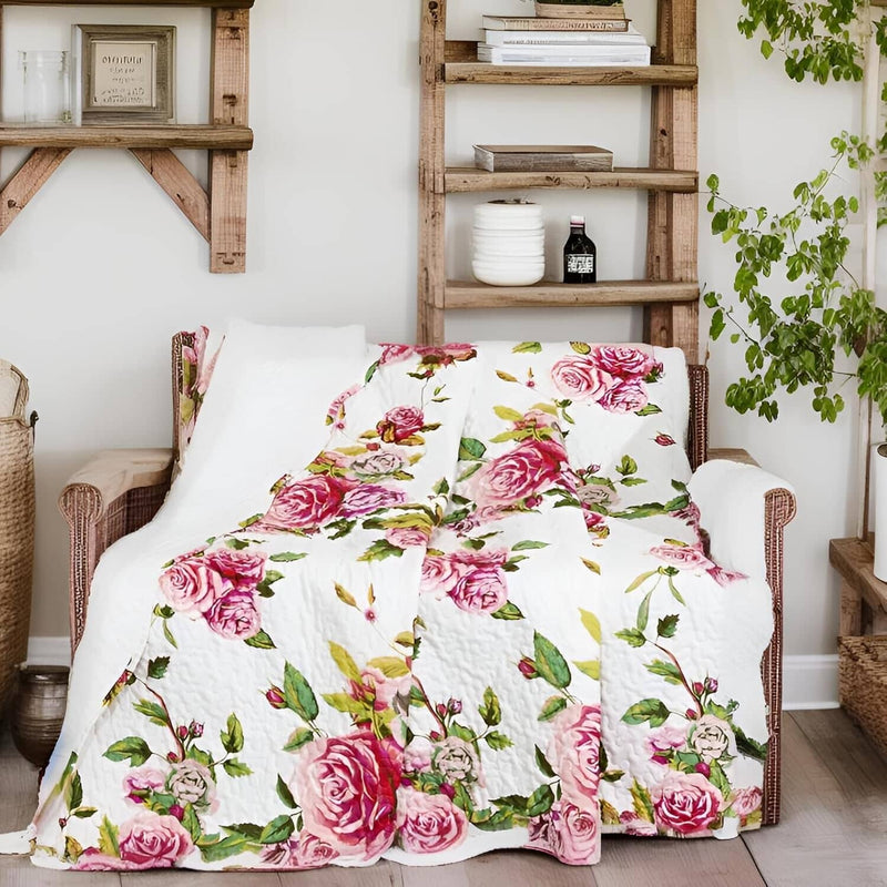 DaDa Bedding Romantic Roses Floral Throw Blanket - Lovely Spring Pink & White Scalloped Colorful Lightweight Breathable - Bright Vibrant Quilted Throw Blanket - 50 x 60 - DaDa Bedding Collection