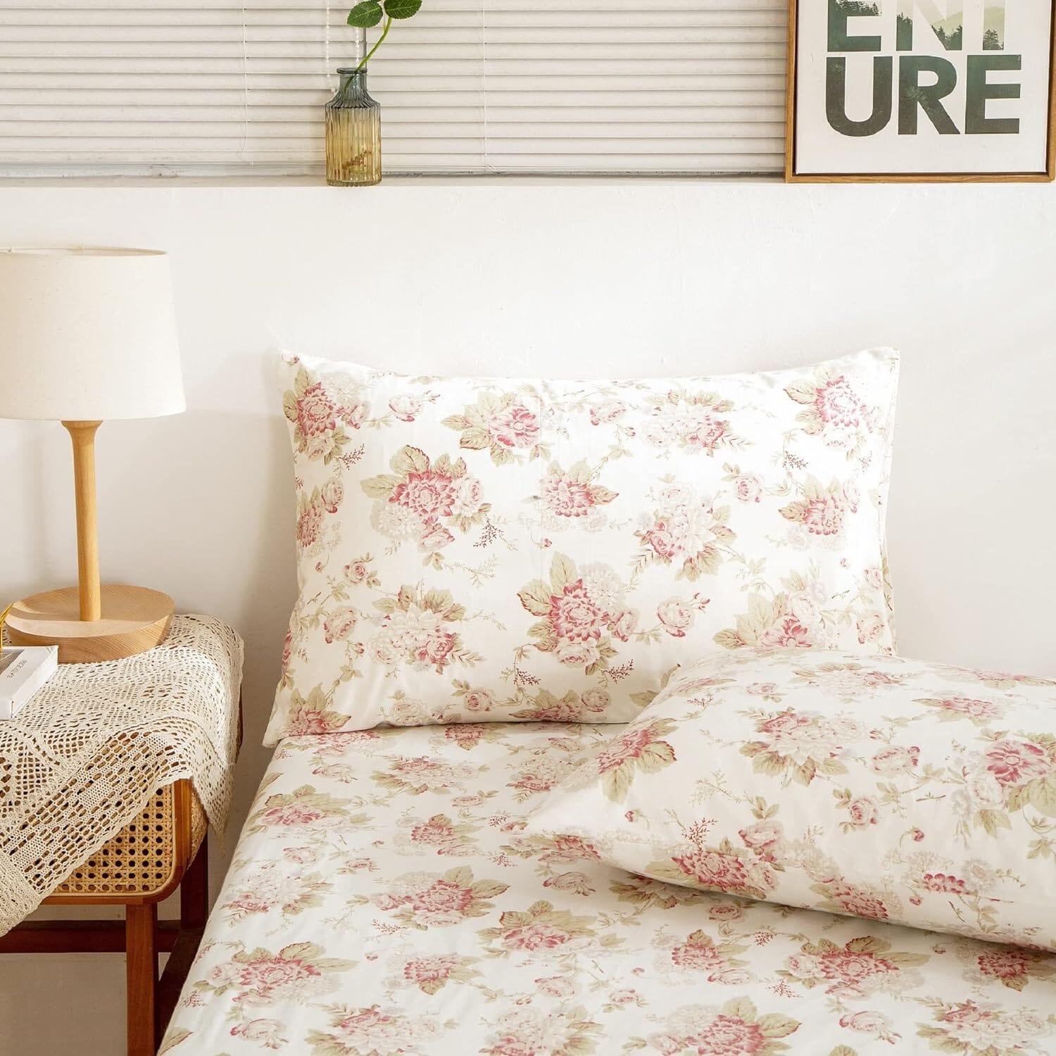 DaDa Bedding Hint of Mint Dainty Cottage Floral Roses Cotton Fitted Sheet w/ Pillow Case (3036) - DaDa Bedding Collection