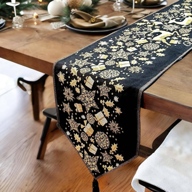 DaDa Bedding Magical Golden Reindeer Woven Tapestry Dining Table Runner (18272) - DaDa Bedding Collection