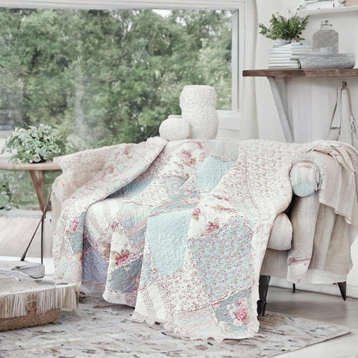 DaDa Bedding Cotton Cottage Floral Patchwork Quilted Throw Blanket - Reversible Hint of Mint - Ruffle Pastel Light Pink Blue/Green - 50 x 60 - DaDa Bedding Collection