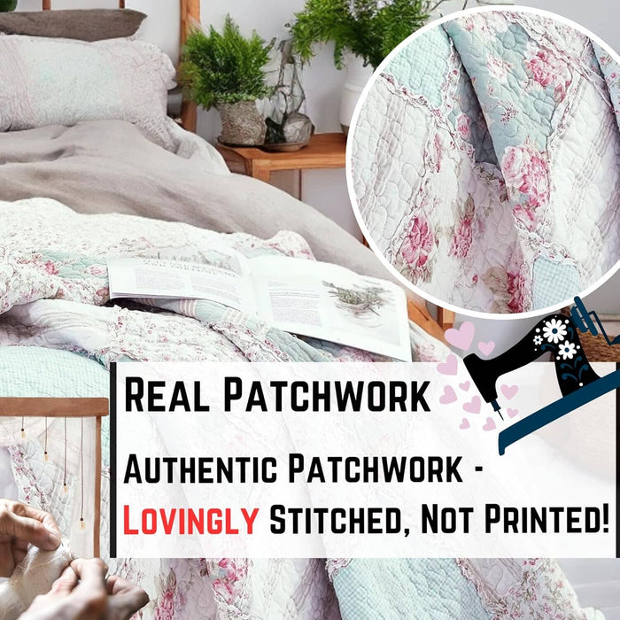 DaDa Bedding Cotton Cottage Floral Patchwork Quilted Throw Blanket - Reversible Hint of Mint - Ruffle Pastel Light Pink Blue/Green - 50 x 60 - DaDa Bedding Collection