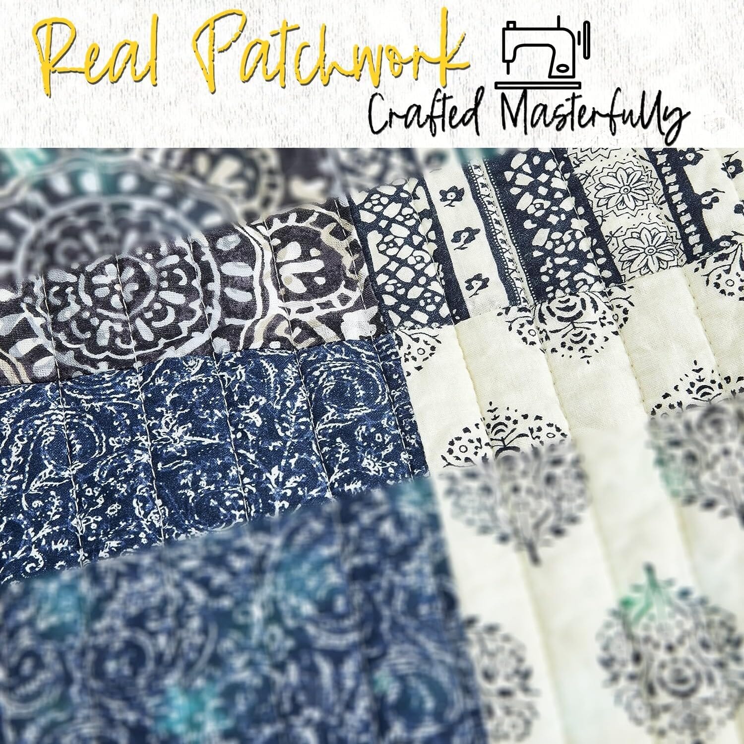 DaDalogy Navy Blue Patchwork Quilted Lap Throw Blanket – Farmhouse Cottage Style Cotton Throw – Ideal for Sofa or Bed – 50" x 60" - DaDa Bedding Collection
