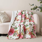 DaDa Bedding Romantic Roses Floral Throw Blanket - Lovely Spring Pink & White Scalloped Colorful Lightweight Breathable - Bright Vibrant Quilted Throw Blanket - 50 x 60 - DaDa Bedding Collection