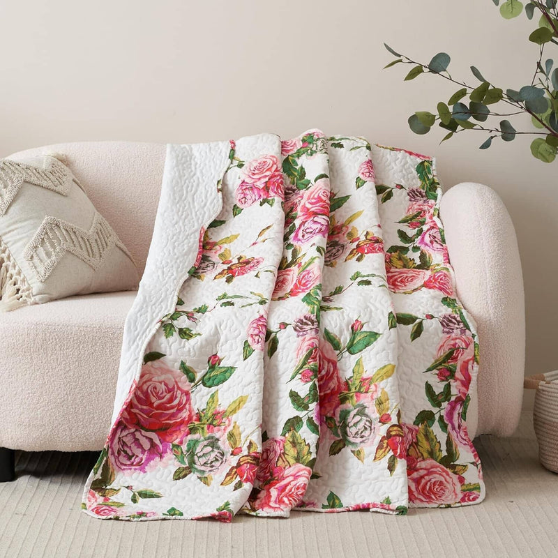 DaDa Bedding Romantic Roses Floral Throw Blanket - Lovely Spring Pink & White Scalloped Colorful Lightweight Breathable - Bright Vibrant Quilted Throw Blanket - 50 x 60 - DaDa Bedding Collection