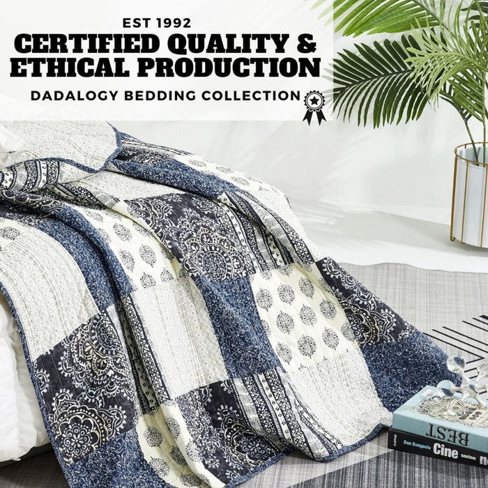 DaDalogy Navy Blue Patchwork Quilted Lap Throw Blanket – Farmhouse Cottage Style Cotton Throw – Ideal for Sofa or Bed – 50" x 60"