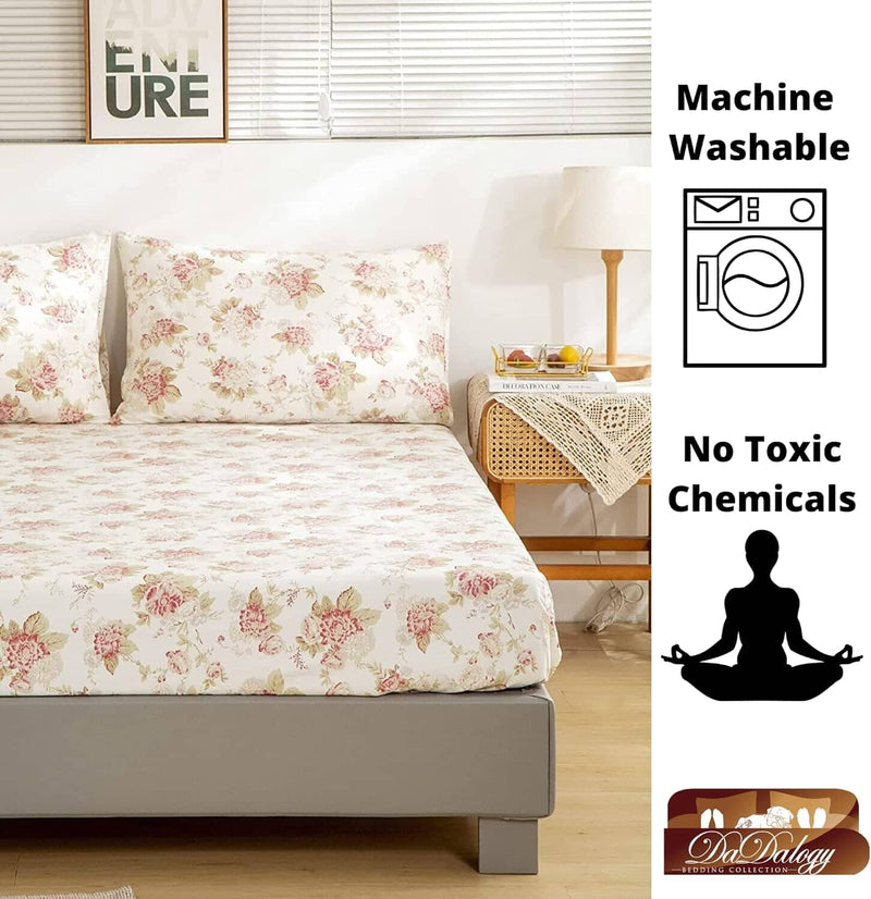 DaDa Bedding Hint of Mint Dainty Cottage Floral Roses Cotton Fitted Sheet w/ Pillow Case (3036) - DaDa Bedding Collection