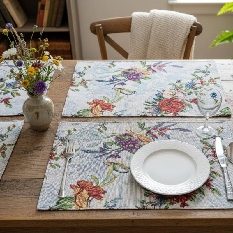 DaDa Bedding Set of 4-Pieces Tropical Sky Blue Birds Floral Tapestry Dining Table Placemats 13” x 19” (18116)