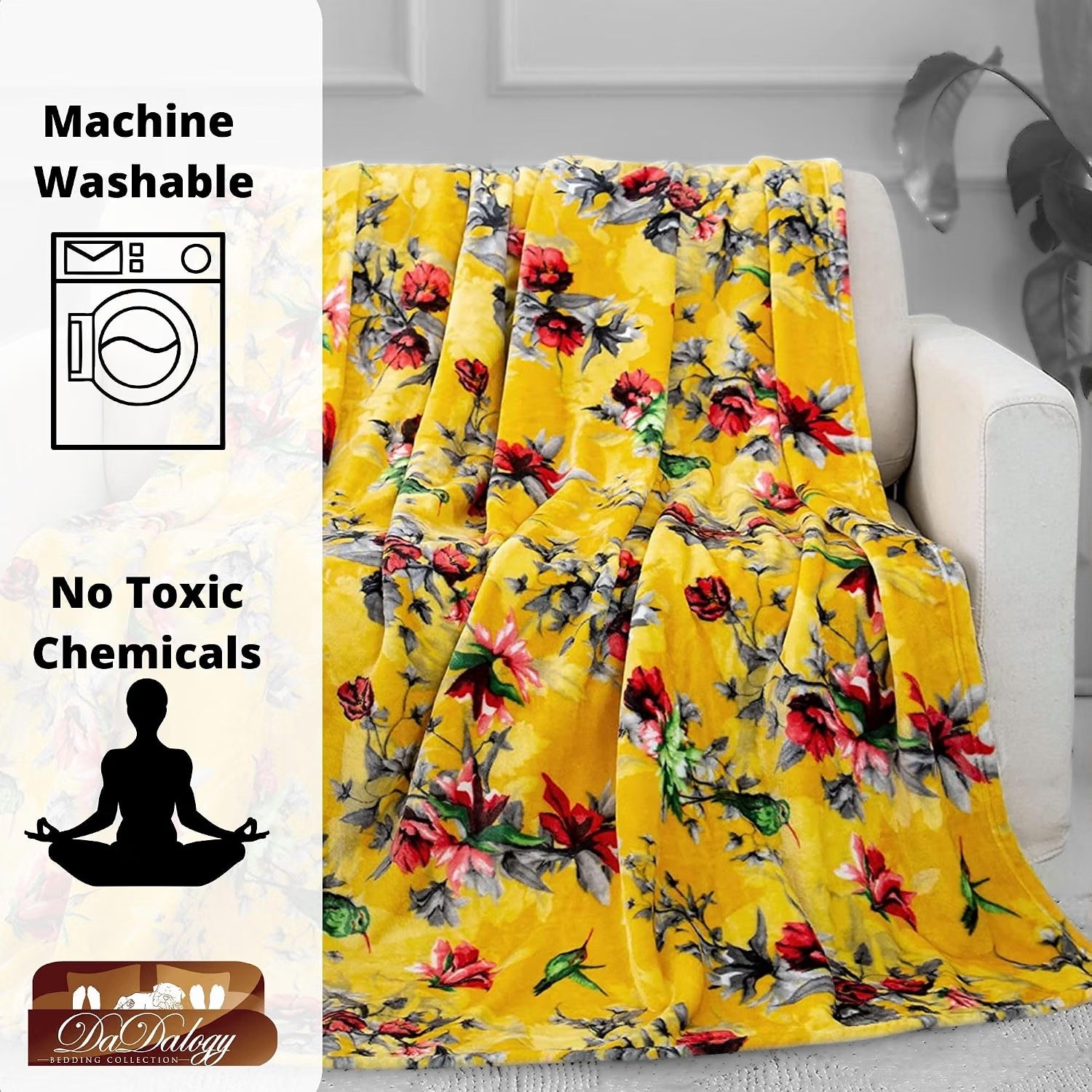 DaDa Bedding Yellow Farmhouse Rustic Spring Floral Hummingbirds Soft Fleece Throw Blanket (925)