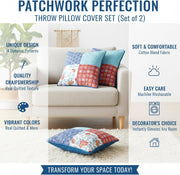 Patchwork throw pillow cover set on a sofa with product features listed.