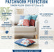 Patchwork throw pillow cover set on a sofa with product features listed.