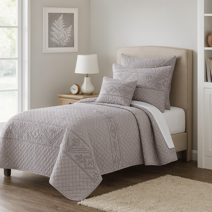 DaDa Bedding Whimsical Lavender Grey Cottage Soft Quilted Coverlet Bedspread Set (JHW866)