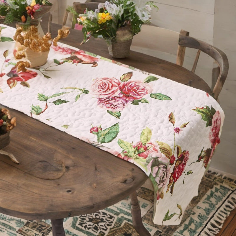 DaDa Bedding Romantic Roses Pink White Lovely Floral Quilted Dining Table Runner (879) - DaDa Bedding Collection