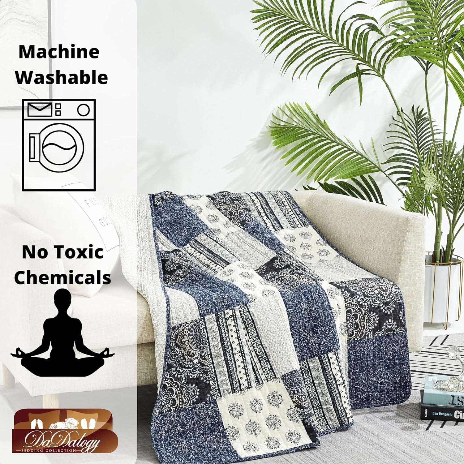 DaDalogy Navy Blue Patchwork Quilted Lap Throw Blanket – Farmhouse Cottage Style Cotton Throw – Ideal for Sofa or Bed – 50" x 60" - DaDa Bedding Collection