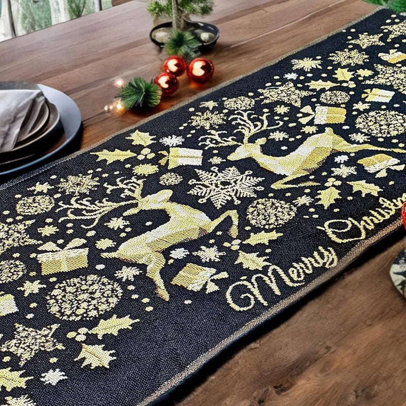 DaDa Bedding Magical Golden Reindeer Woven Tapestry Dining Table Runner (18272) - DaDa Bedding Collection