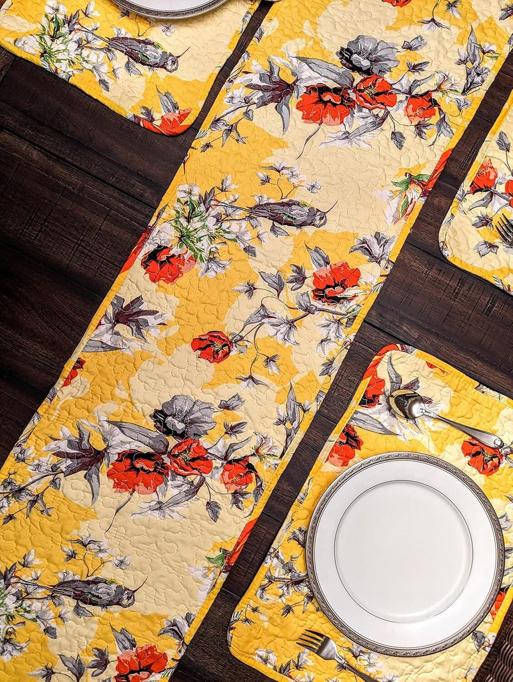 DaDalogy Bedding Sunshine Yellow Floral Vintage Hummingbirds Garden Table Runner (925) - DaDa Bedding Collection