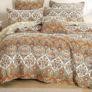 DaDa Bedding Bohemian Floral Paisley Garden Coral Teal Quilted Bedspread Set (LH1403) - DaDa Bedding Collection