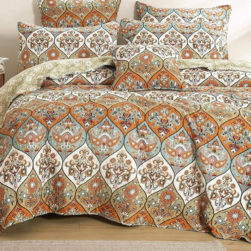 DaDa Bedding Bohemian Floral Paisley Garden Coral Teal Quilted Bedspread Set (LH1403) - DaDa Bedding Collection
