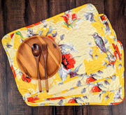 DaDa Bedding Radiant Sunshine Yellow Floral Dining Table Placemats - Set of 4-Pieces Quilted Hummingbirds Farmhouse Red Flowers - 13 x 19 - DaDa Bedding Collection