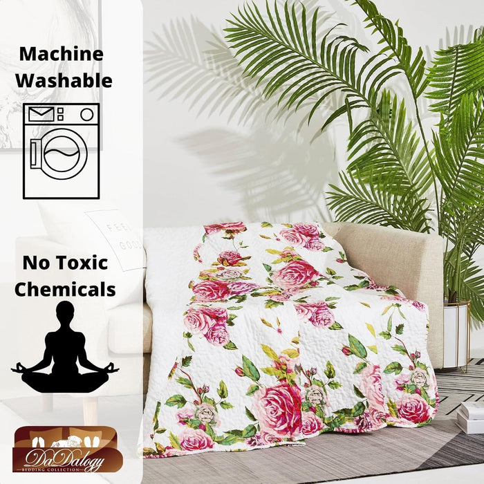 DaDa Bedding Romantic Roses Floral Throw Blanket - Lovely Spring Pink & White Scalloped Colorful Lightweight Breathable - Bright Vibrant Quilted Throw Blanket - 50 x 60 - DaDa Bedding Collection