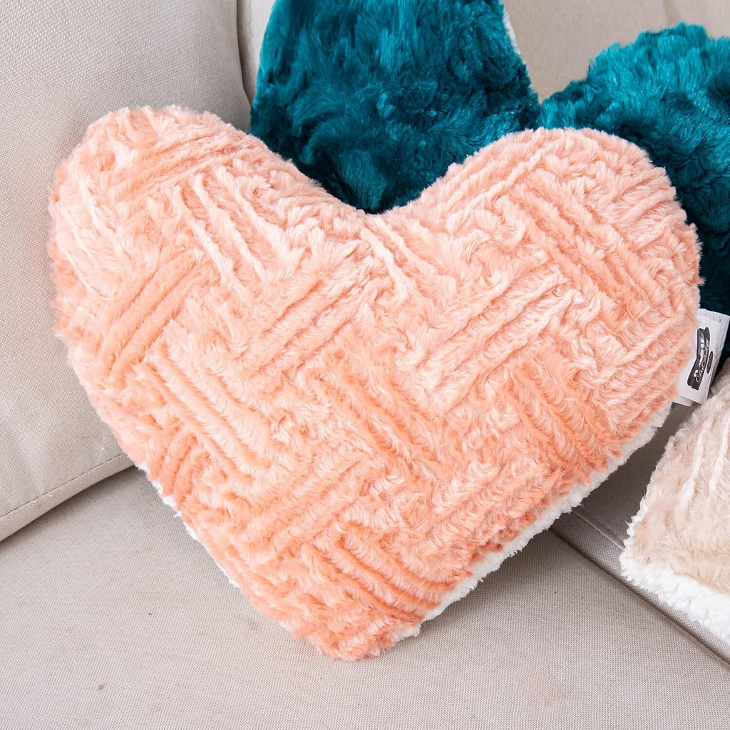 DaDa Bedding Heart Shaped Pillow Coral Peach Pink Faux Fur & Sherpa Soft Decorative Throw Pillow - 14x16 inches Coral Peach for Valentine's Day or Any Special Occasion
