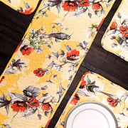DaDa Bedding Radiant Sunshine Yellow Floral Dining Table Placemats - Set of 4-Pieces Quilted Hummingbirds Farmhouse Red Flowers - 13 x 19 - DaDa Bedding Collection