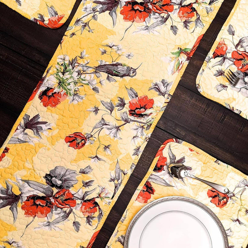 DaDa Bedding Radiant Sunshine Yellow Floral Dining Table Placemats - Set of 4-Pieces Quilted Hummingbirds Farmhouse Red Flowers - 13 x 19 - DaDa Bedding Collection