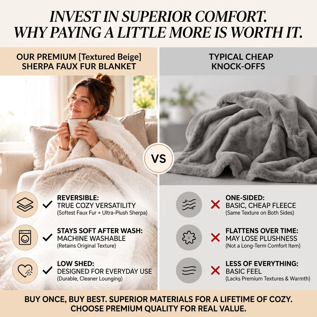 A promotional comparison graphic for a faux fur blanket. The left side shows a woman lying on a plush, textured beige blanket in a bedroom setting, with text highlighting features like reversible cover, machine washability, and soft texture.