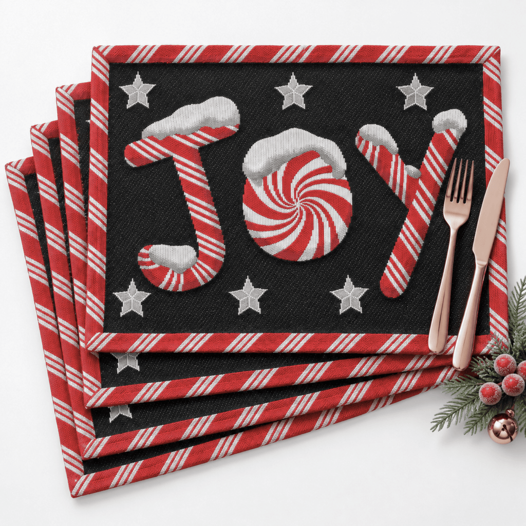 Set of 4-Pieces Peppermint Joy Holiday Tapestry Placemats 13” x 19”