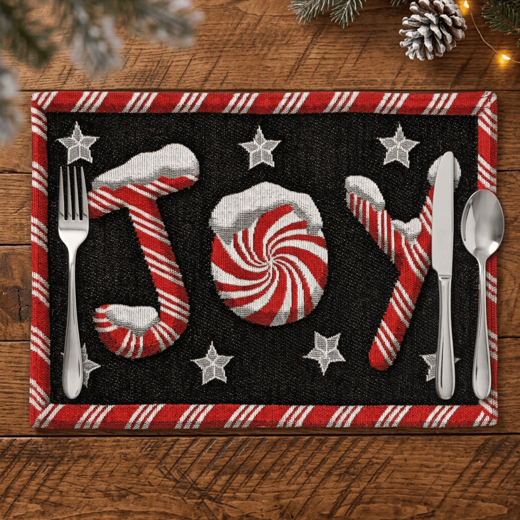 Set of 4-Pieces Peppermint Joy Holiday Tapestry Placemats 13” x 19”