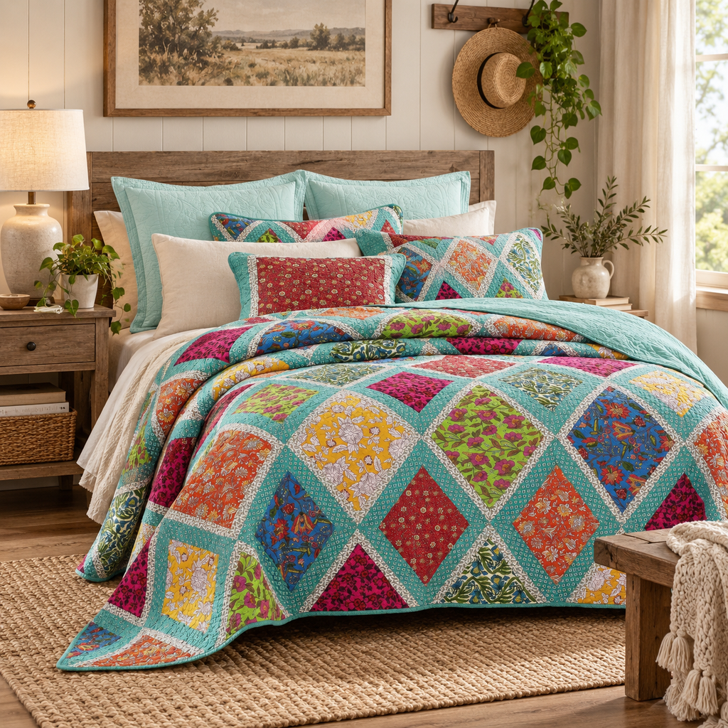 Dada Bedding Fairy Forest Glade Bohemian Floral Cotton Patchwork Bedspread Set (JHW-570)